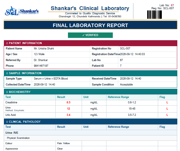 Sample laboratory report showing laboratory branding, barcode, verified status, patient and specimen details, results and reference ranges